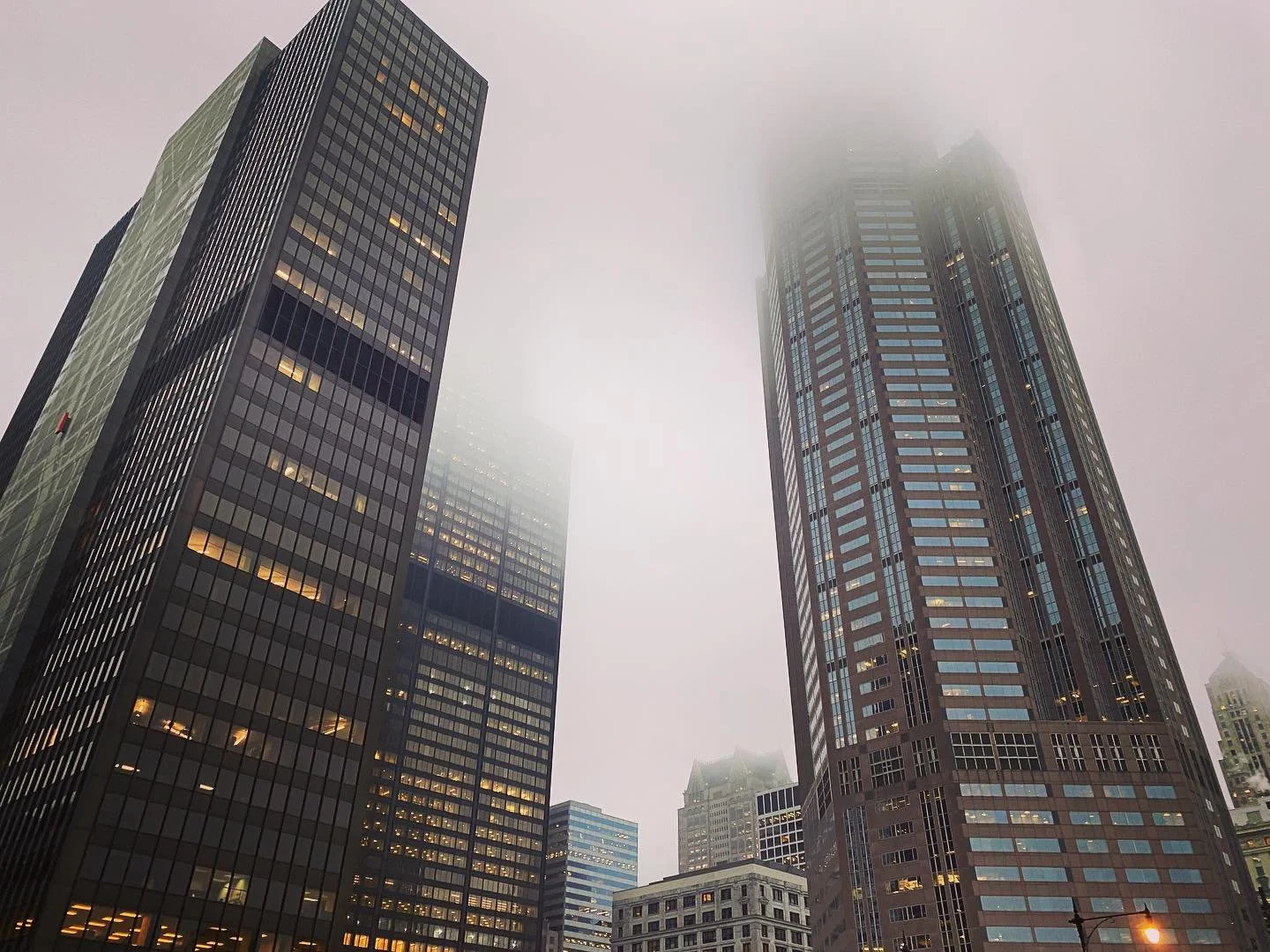 City skyscrapers in fog